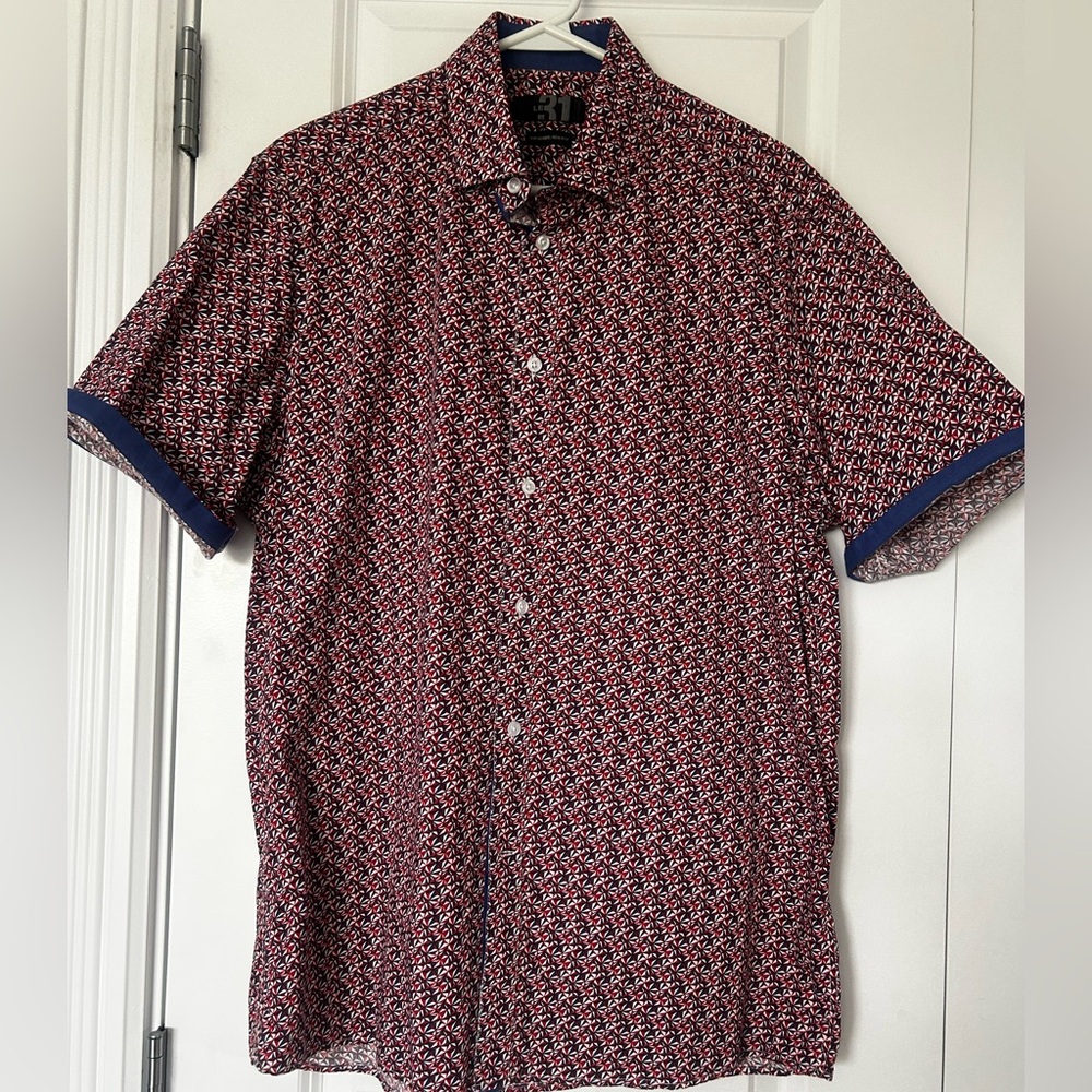 Stylish red,white and blue short sleeve button up shirt